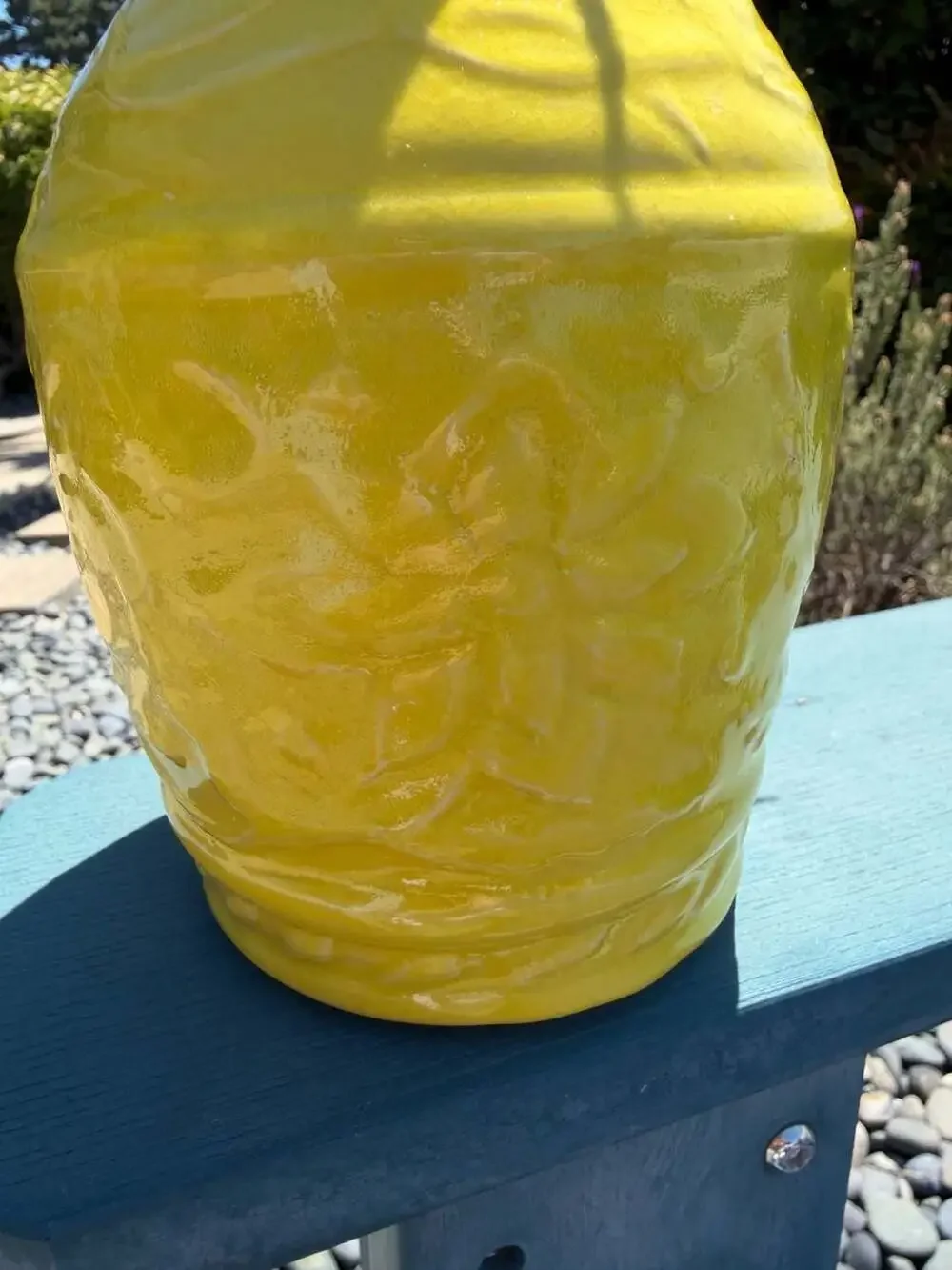 Handmade 2016 Yellow Glazed Ceramic Vase with Embossed Floral Detail 8”